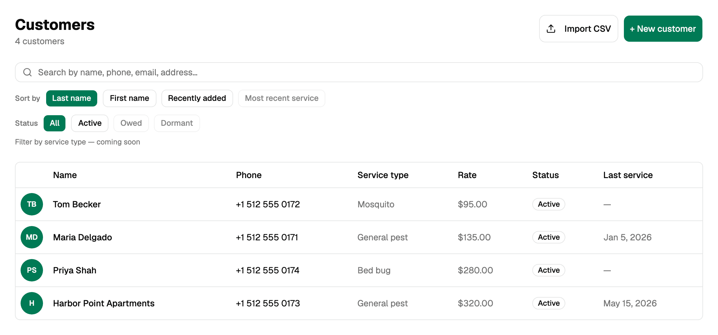 The PestPaid customer list showing service type, rate, and last service per customer
