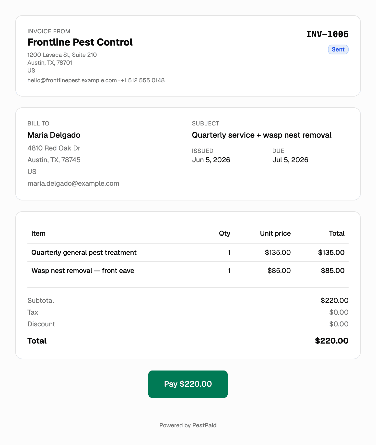 A finished PestPaid invoice with line items and a Pay button