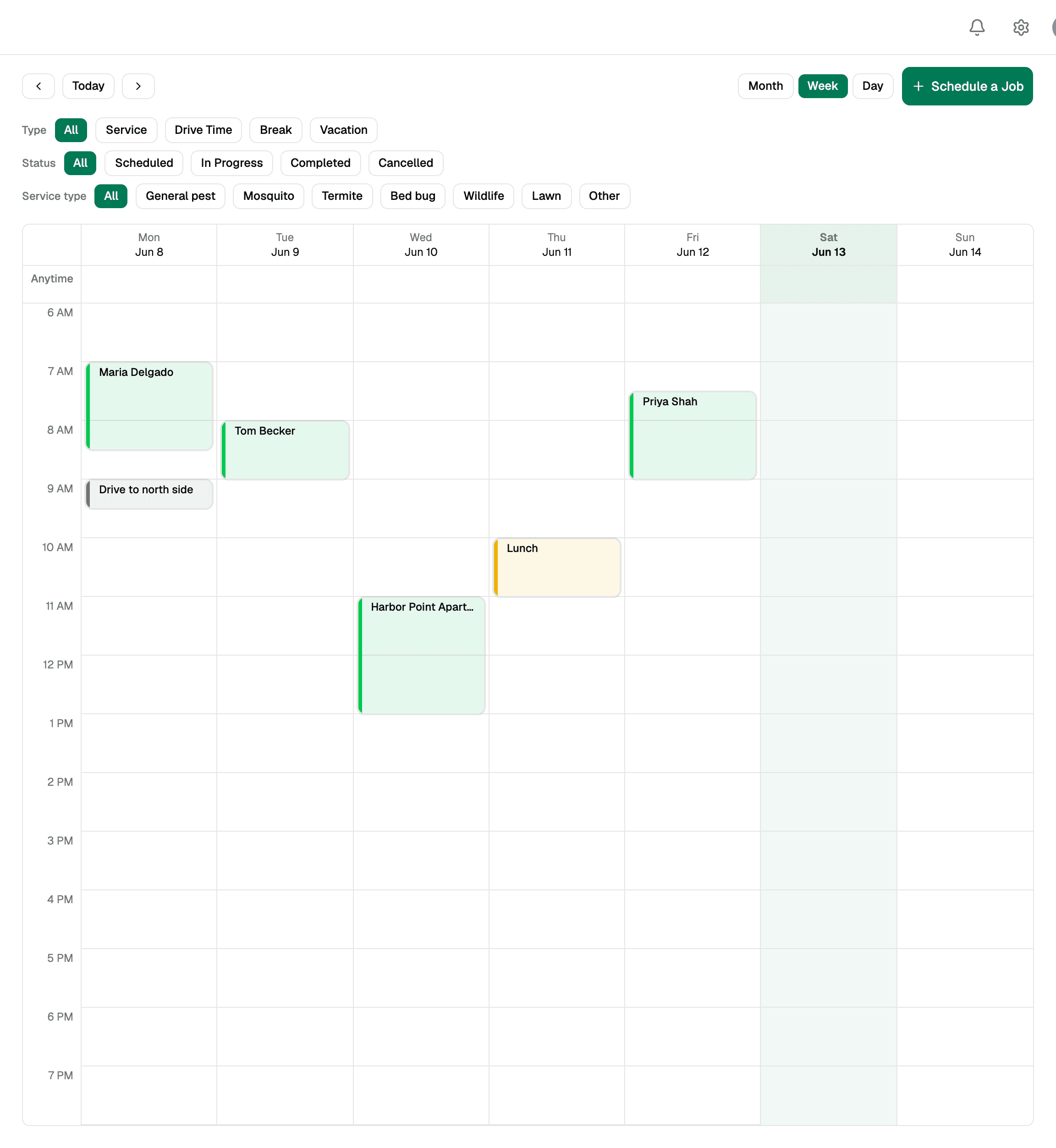 The PestPaid schedule showing a week of jobs and blocked drive time
