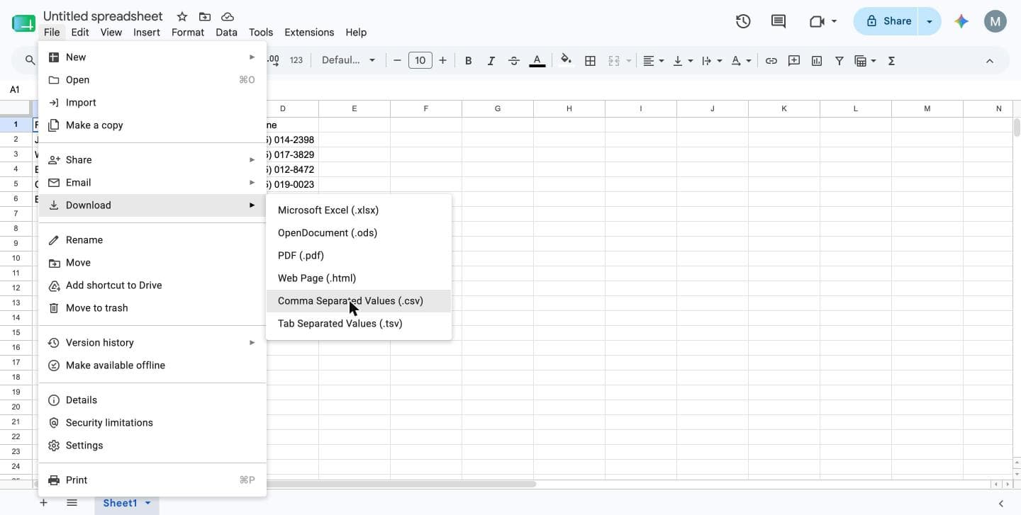 Google Sheets File → Download menu with the CSV option highlighted