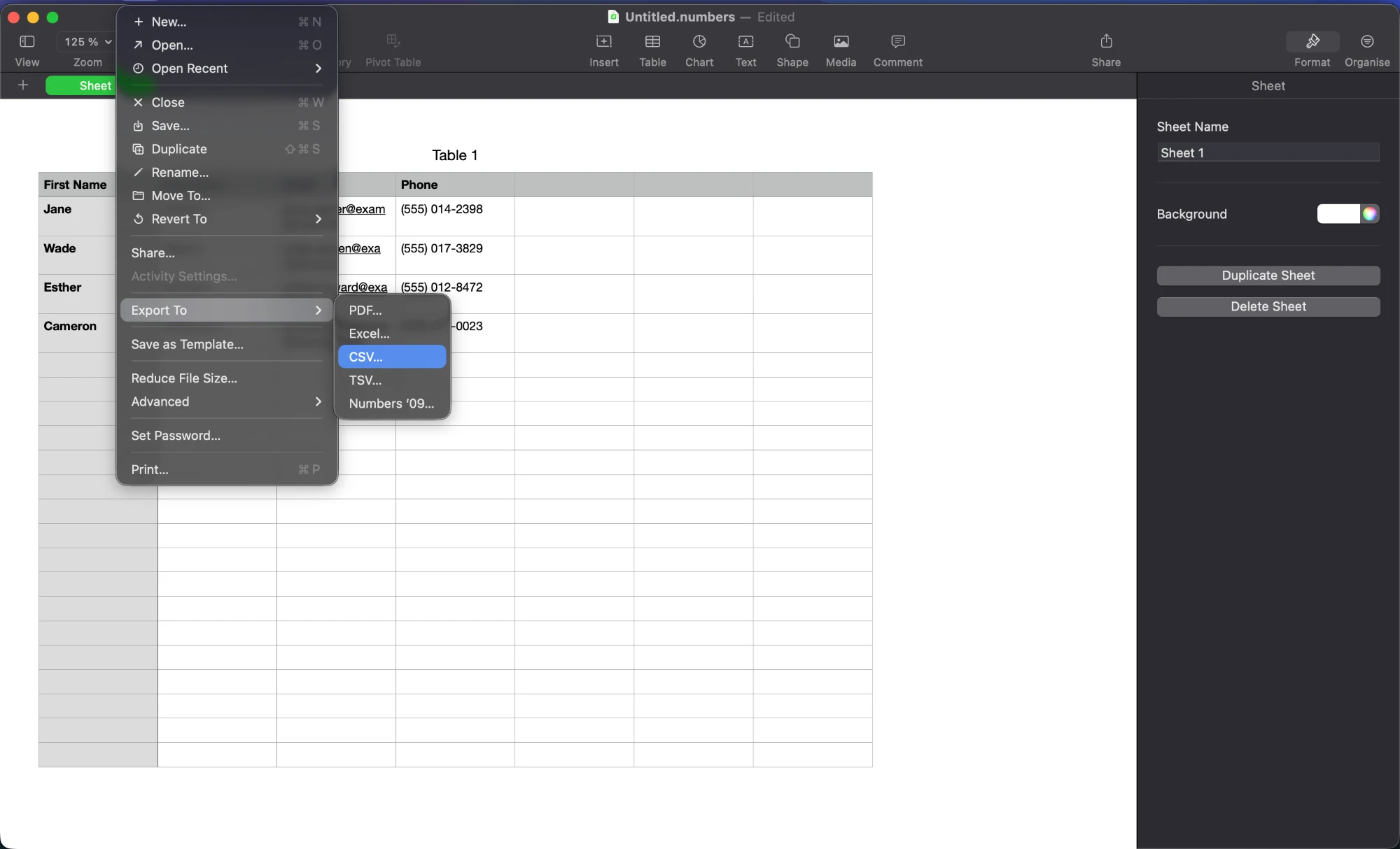 Apple Numbers File → Export To submenu with CSV selected