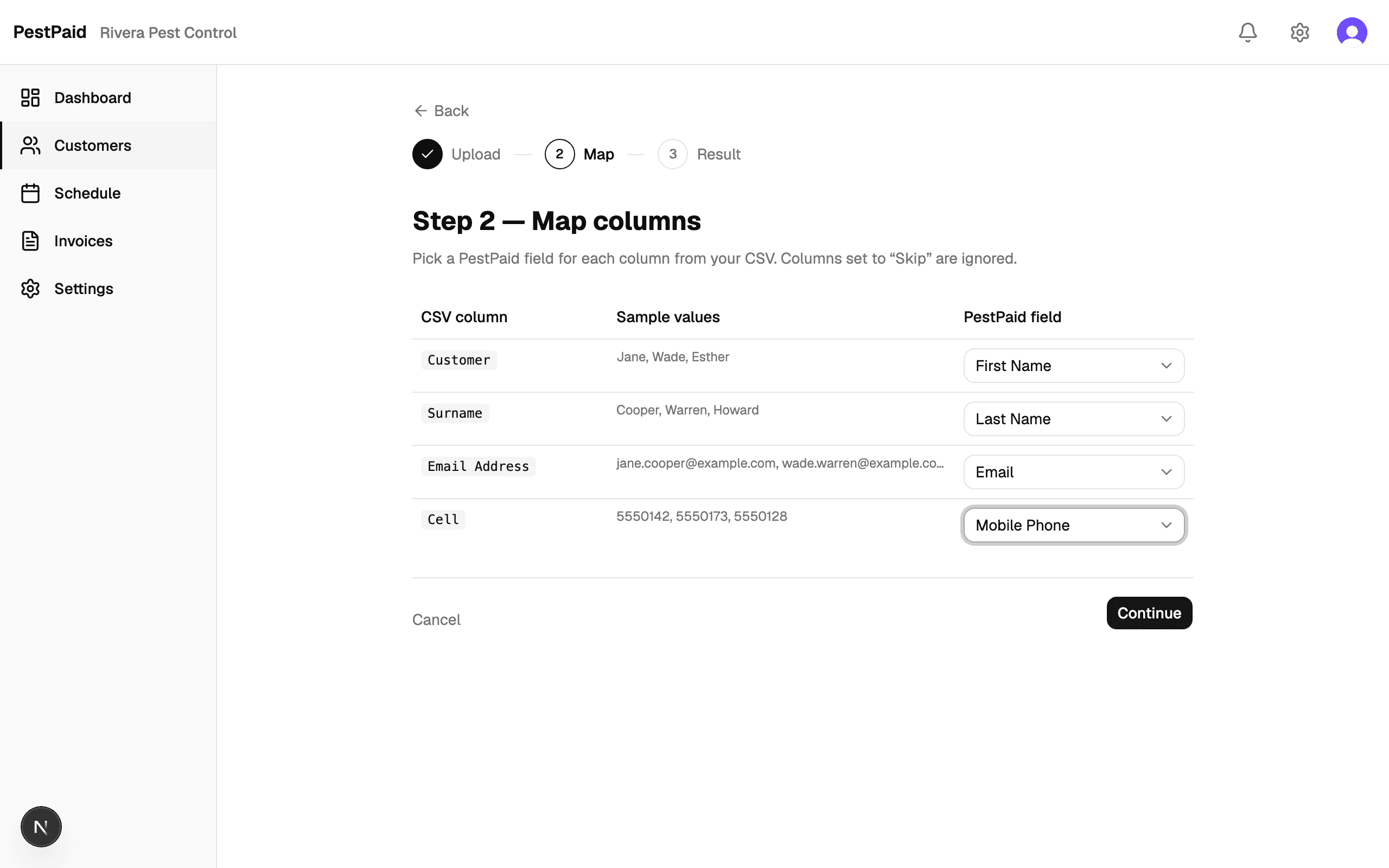 PestPaid import column-mapping screen with dropdowns for each CSV column