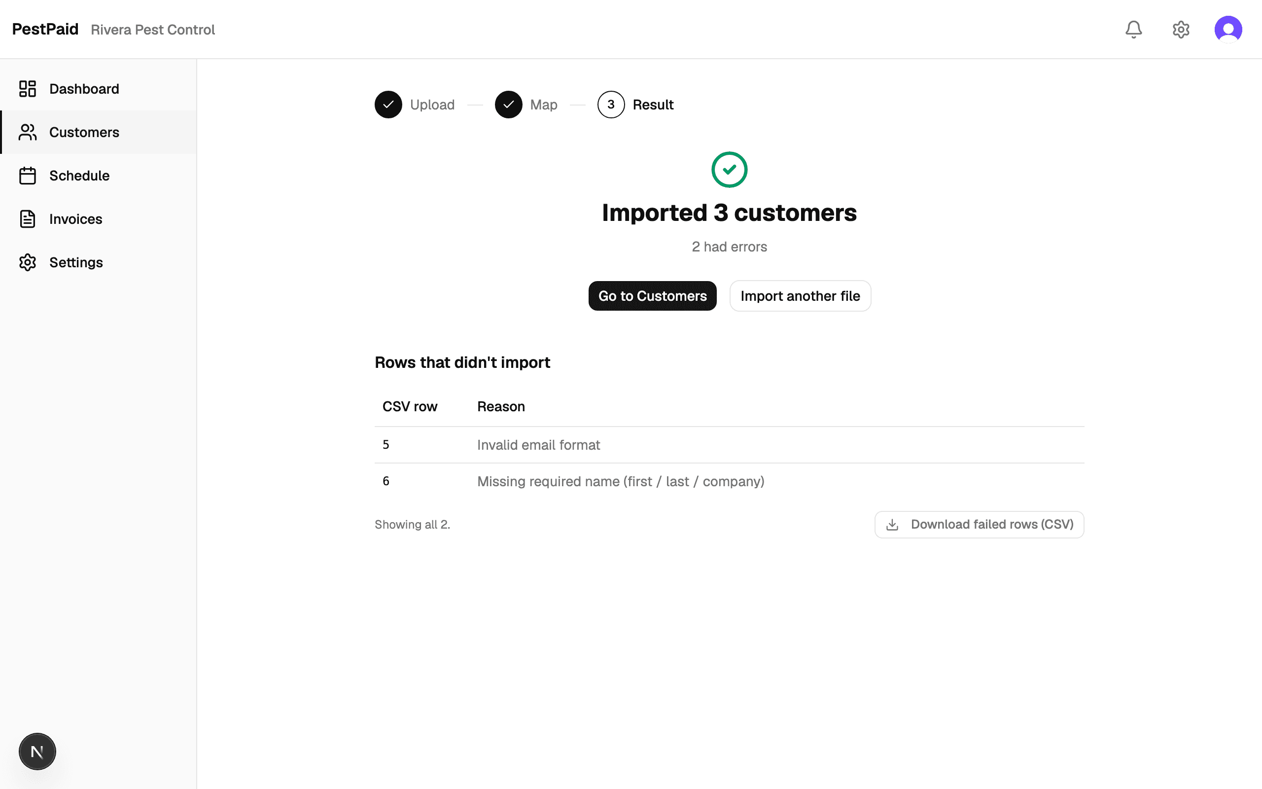 PestPaid import result screen showing the imported count and the rows that didn't import with reasons