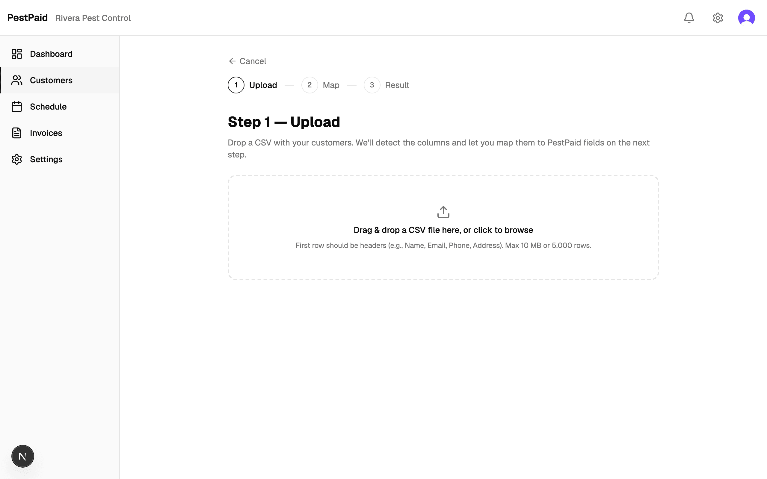 PestPaid CSV import upload screen with a drag-and-drop file zone